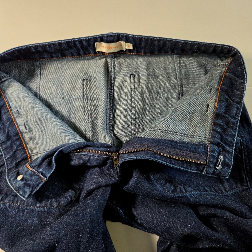 Tory Burch Women Dark Indigo High Rise Wide Leg Denim Jeans Gold Logo Button 29 - Picture 10 of 13